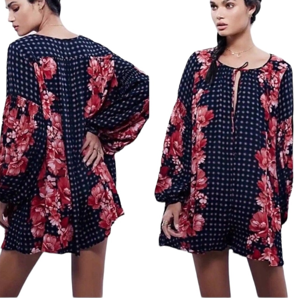 Free People Sunset Boulevard Black Floral Tie Neck Romper - S